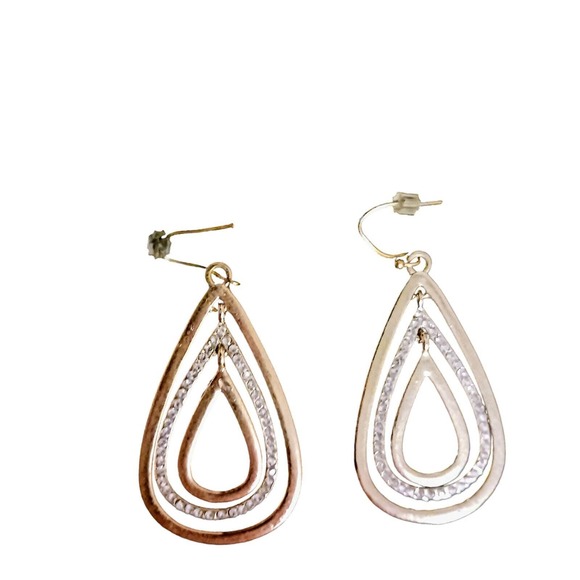 Vintage Gold Concentric Simulated Diamonds Teardrop Earrings 1.5 inch Pierced - Picture 8 of 9